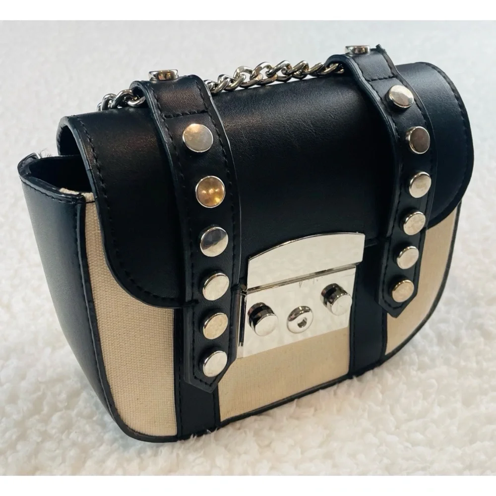 ZARA • Black/Cream Faux Leather and Canvas Studded Mini Chainlink Crossbody Bag - Picture 6 of 16
